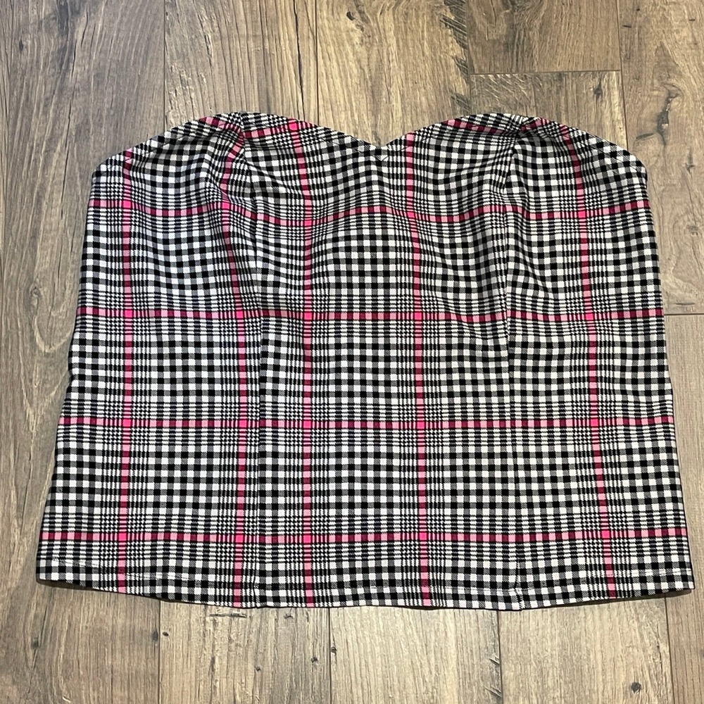 Torrid Parker Plaid Ponte Sweetheart Tube Top 2X 18-20 Black Pink Zip Back NEW